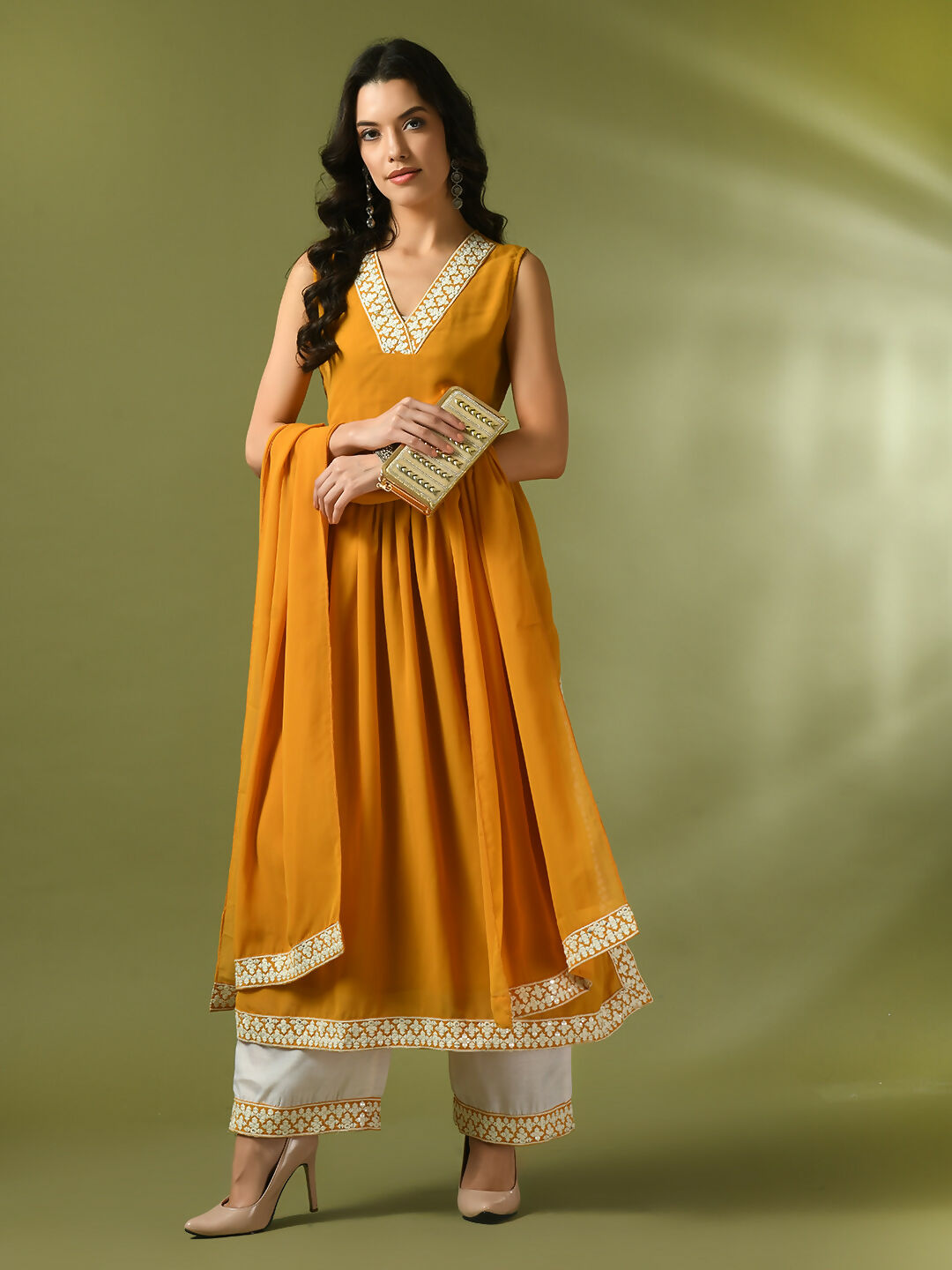 Myshka Women's Yellow Solid Georgette Anarkali Party Kurta Set With Dupatta - Distacart