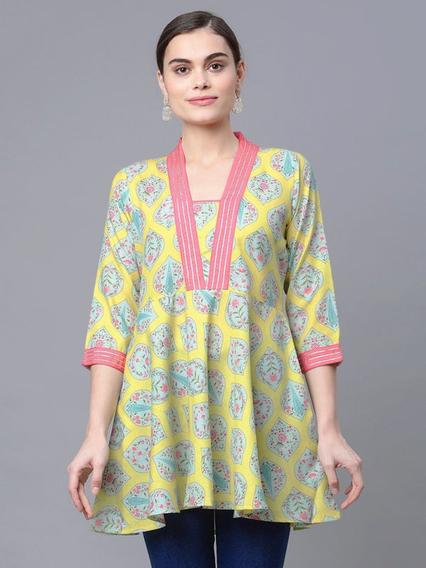 Ahalyaa Women Cotton Blend Lemon Yellow Digital Printed Tunic - Distacart