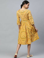 Thumbnail for Anubhutee Mustard Yellow & White Bandhani Cotton Angrakha A-Line Dress - Distacart