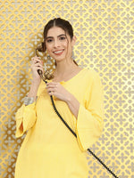 Thumbnail for Ode by House of Pataudi Women Yellow & White Striped Bell Sleeves Rozana Kurta - Distacart