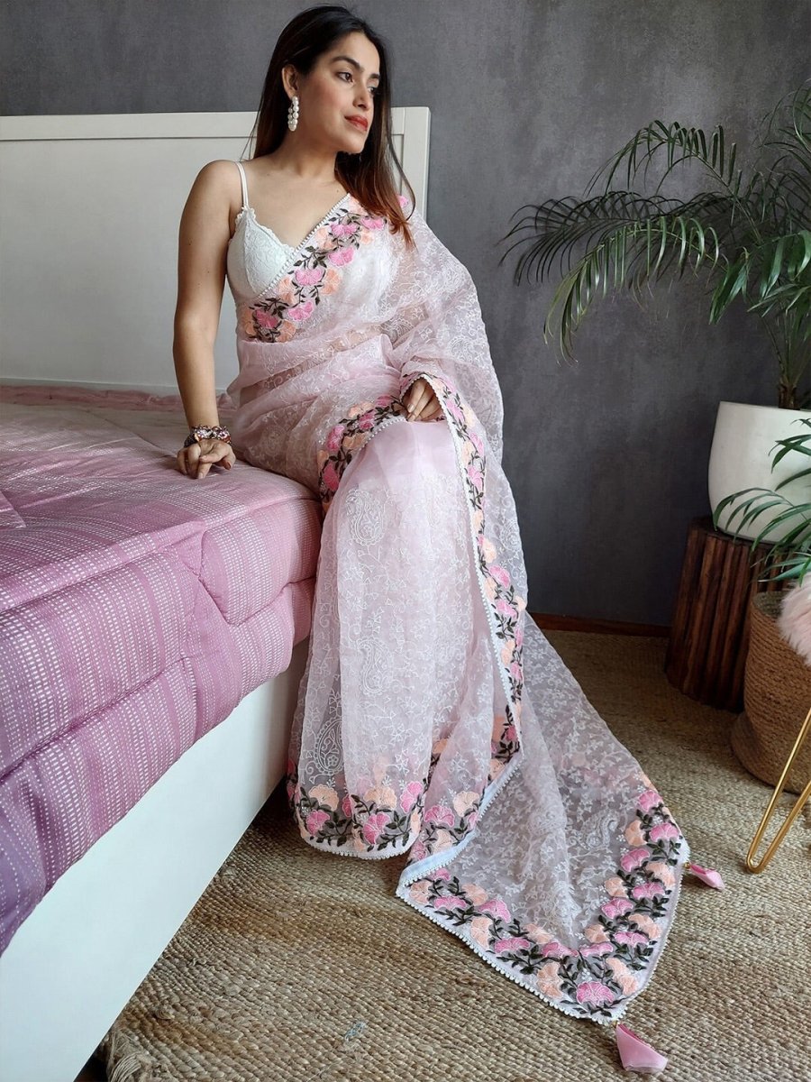 Anouk Floral Embroidered Organza Saree - Distacart