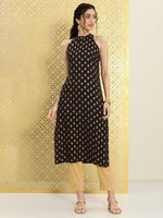 Thumbnail for Ode by House of Pataudi Women Black Floral Printed Halter Neck Pure Cotton Rozana Kurta - Distacart