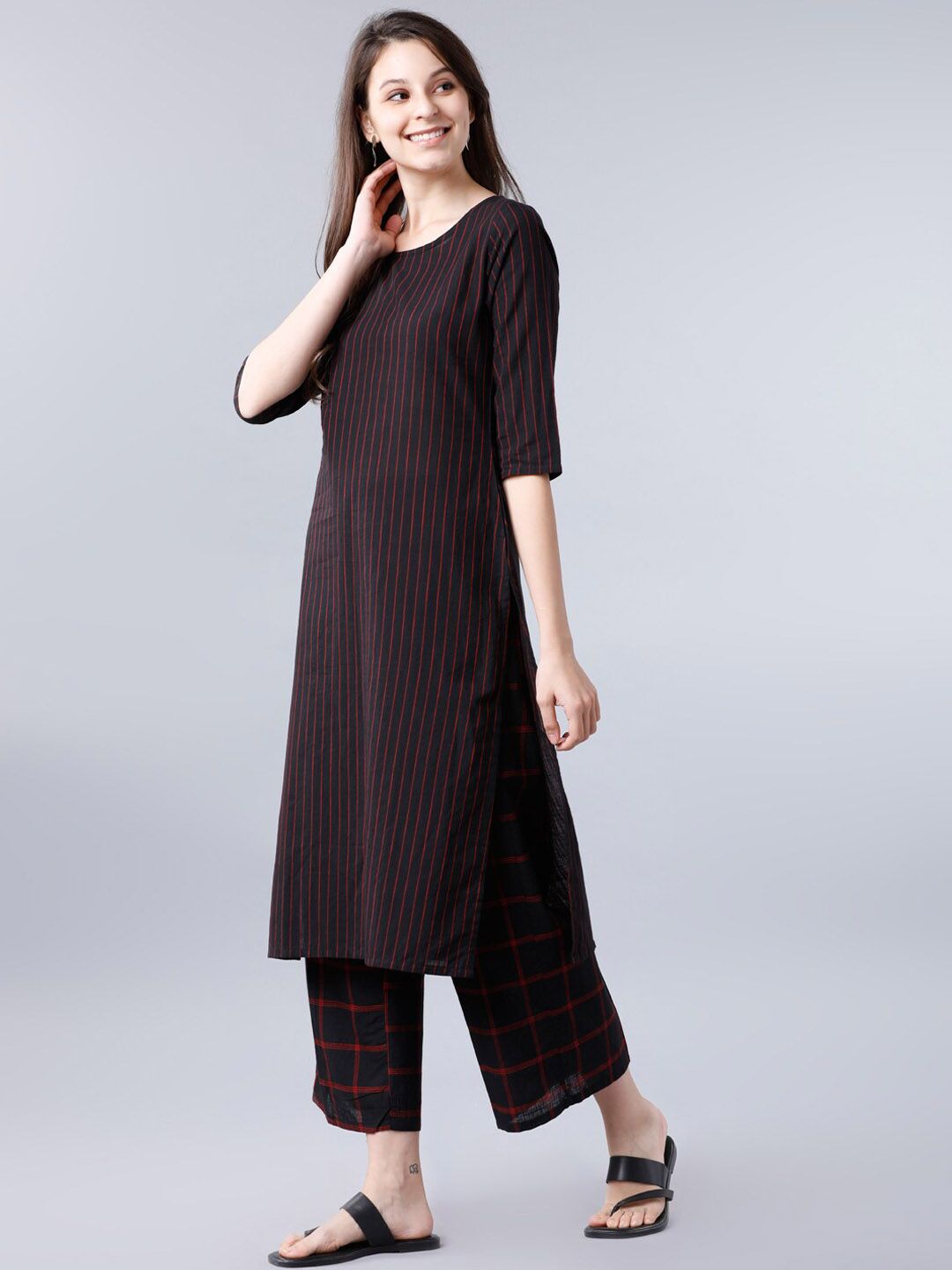 Vishudh Women Black & Red Striped A-Line Kurta - Distacart