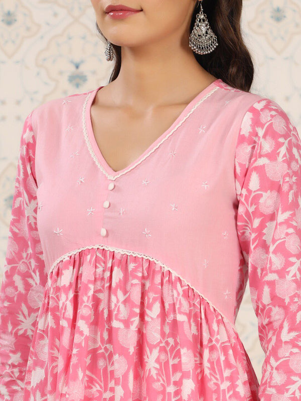 Ode by House of Pataudi Floral Printed Empire Pure Cotton Kurta with Pyjamas & Dupatta - Distacart