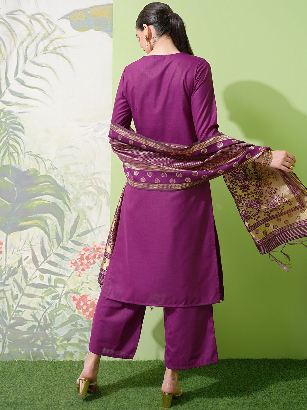 Vishudh Purple Yoke Design Thread Work Straight Kurta With Palazzos & Dupatta - Distacart