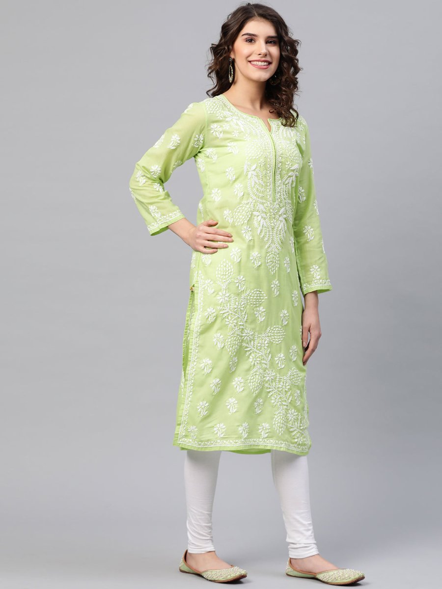 ADA Women Green & White Chikankari Embroidered Cotton Straight Sustainable Kurta - Distacart