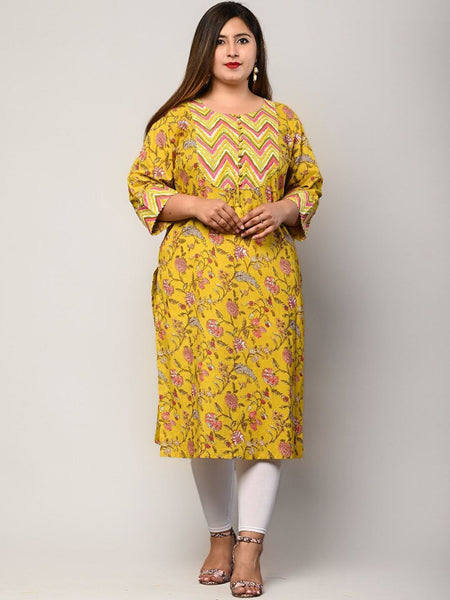 Swasti Women Plus Size Yellow Floral Printed Regular Sleeves Straight Kurta - Distacart