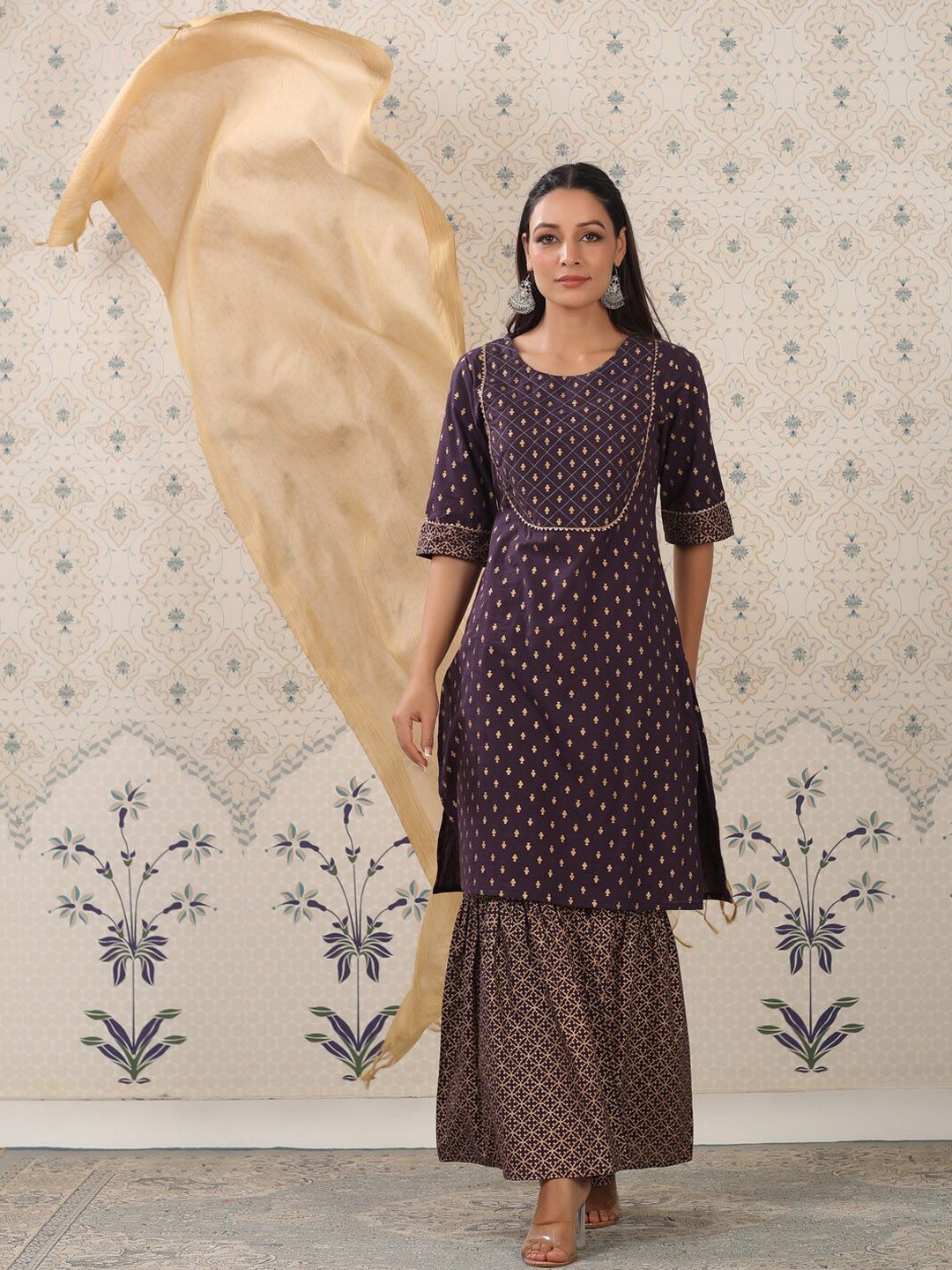 Ode by House of Pataudi Purple Floral Printed Pure Cotton Kurta With Sharara & Dupatta - Distacart