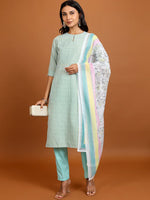 Thumbnail for Vishudh Striped Keyhole Neck Straight Kurta With Trousers & Dupatta - Distacart