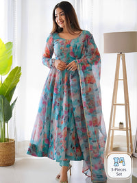 Thumbnail for Kalini Floral Printed Gotta Patti Anarkali Kurta With Trousers & Dupatta - Distacart