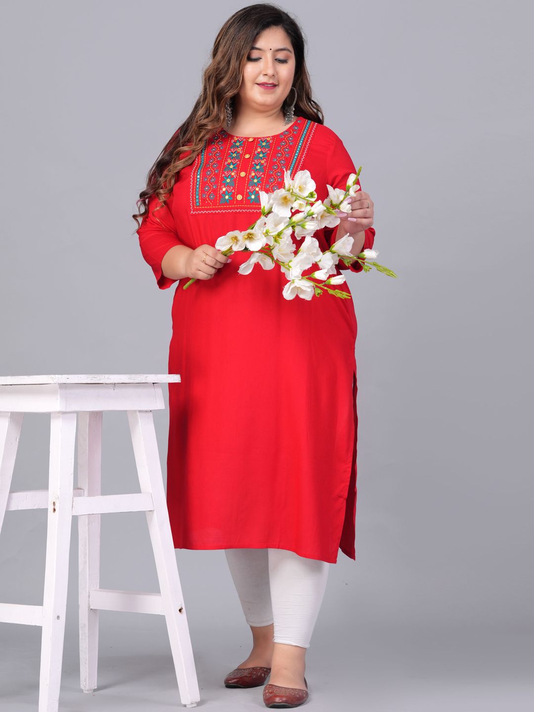 Sztori Plus Size Embroidered Yoke Design Round Neck Three-Quarter Sleeves Straight Kurta - Distacart