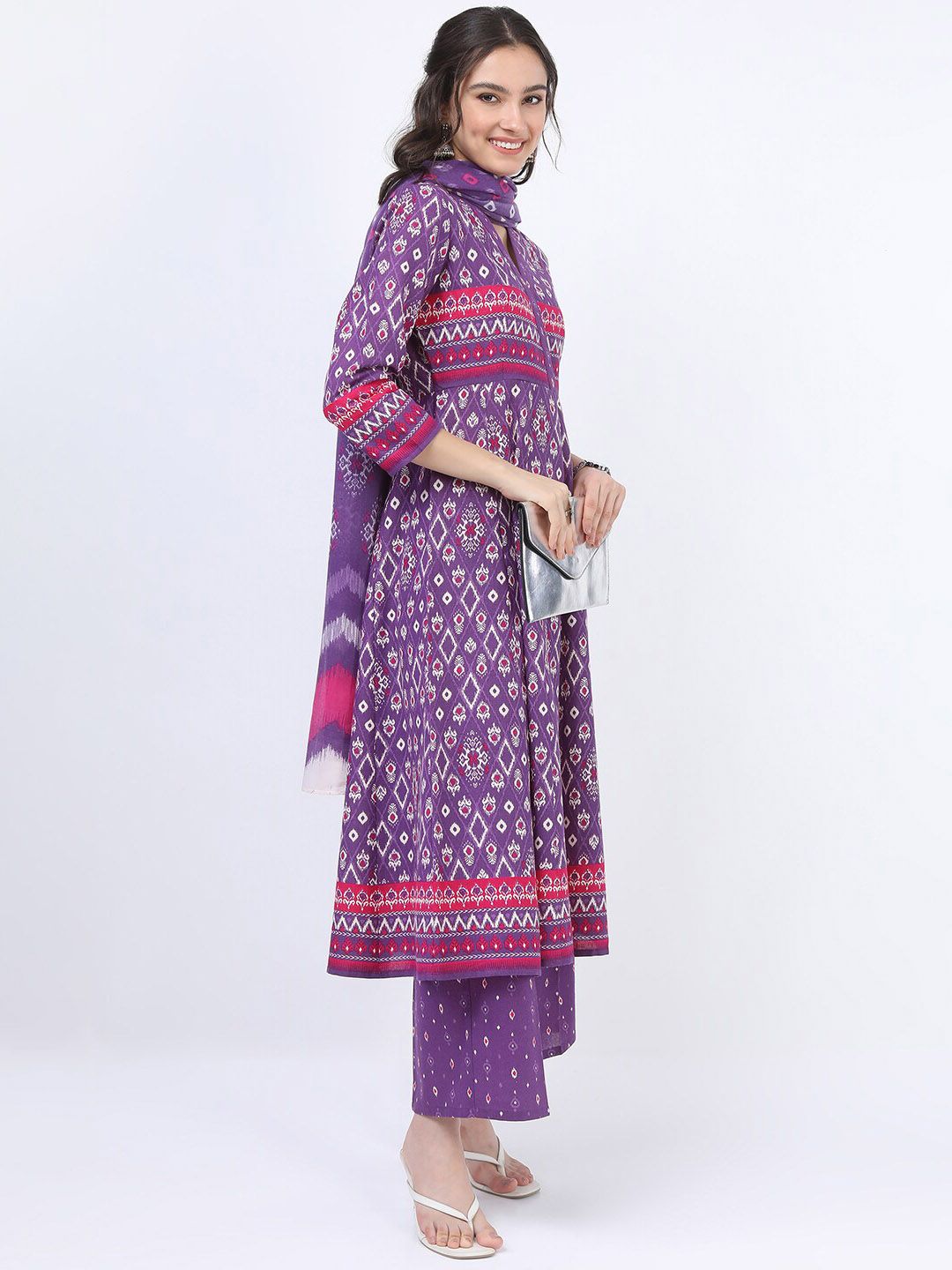 Vishudh Women Purple Printed Empire Pure Cotton Anarkali Kurta With Trousers And Dupatta - Distacart