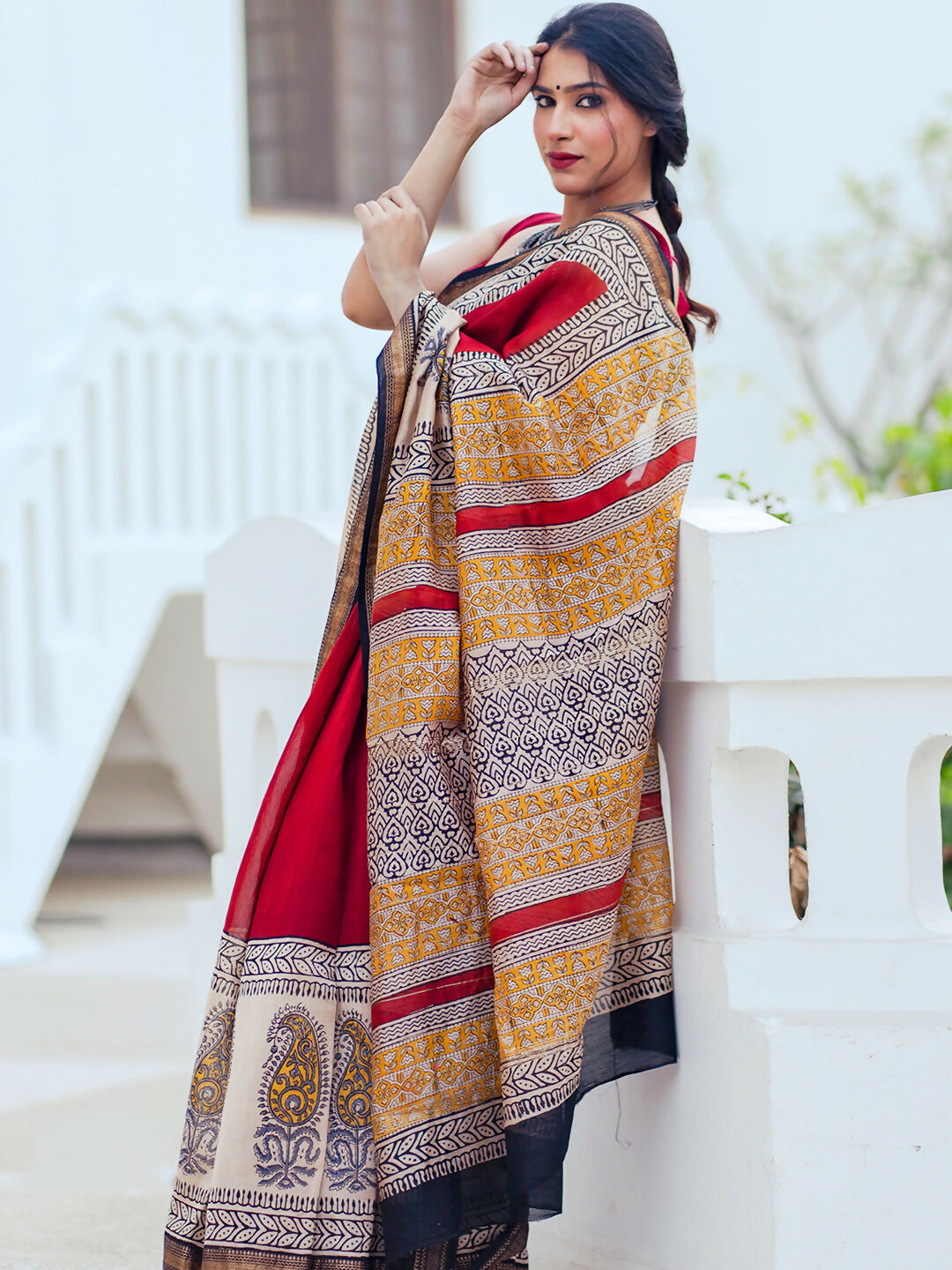 Zibaa Hand-Blocked Pure Maheshwari Silk Red Saree