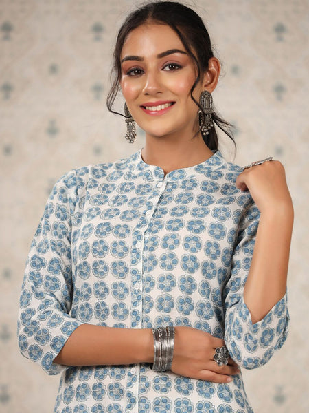 Ode by House of Pataudi Floral Printed Mandarin Collar Cotton A-Line Kurta With Front Slit - Distacart