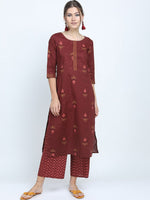 Thumbnail for Vishudh Women Maroon Floral Printed Pure Cotton Kurta With Palazzos - Distacart