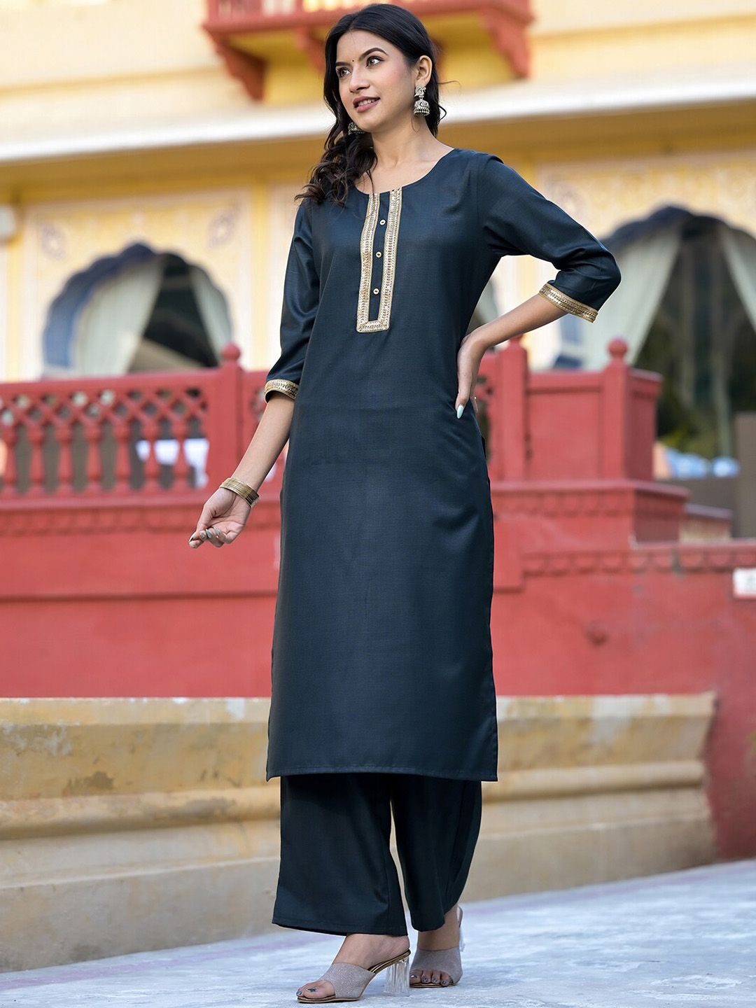 Vishudh Green Round Neck Embellished Straight Kurta & Palazzos With Dupatta - Distacart