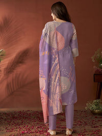 Thumbnail for Anouk Lavender Floral Embroidered Beads & Stones Linen Kurta with Trousers & Dupatta