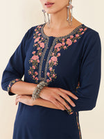 Thumbnail for Soch Navy Blue Floral Embroidered Kurta - Distacart