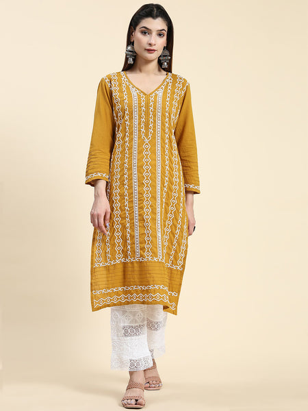 HOUSE OF KARI Ethnic Motifs Embroidered Chikankari Cotton Kurta - Distacart
