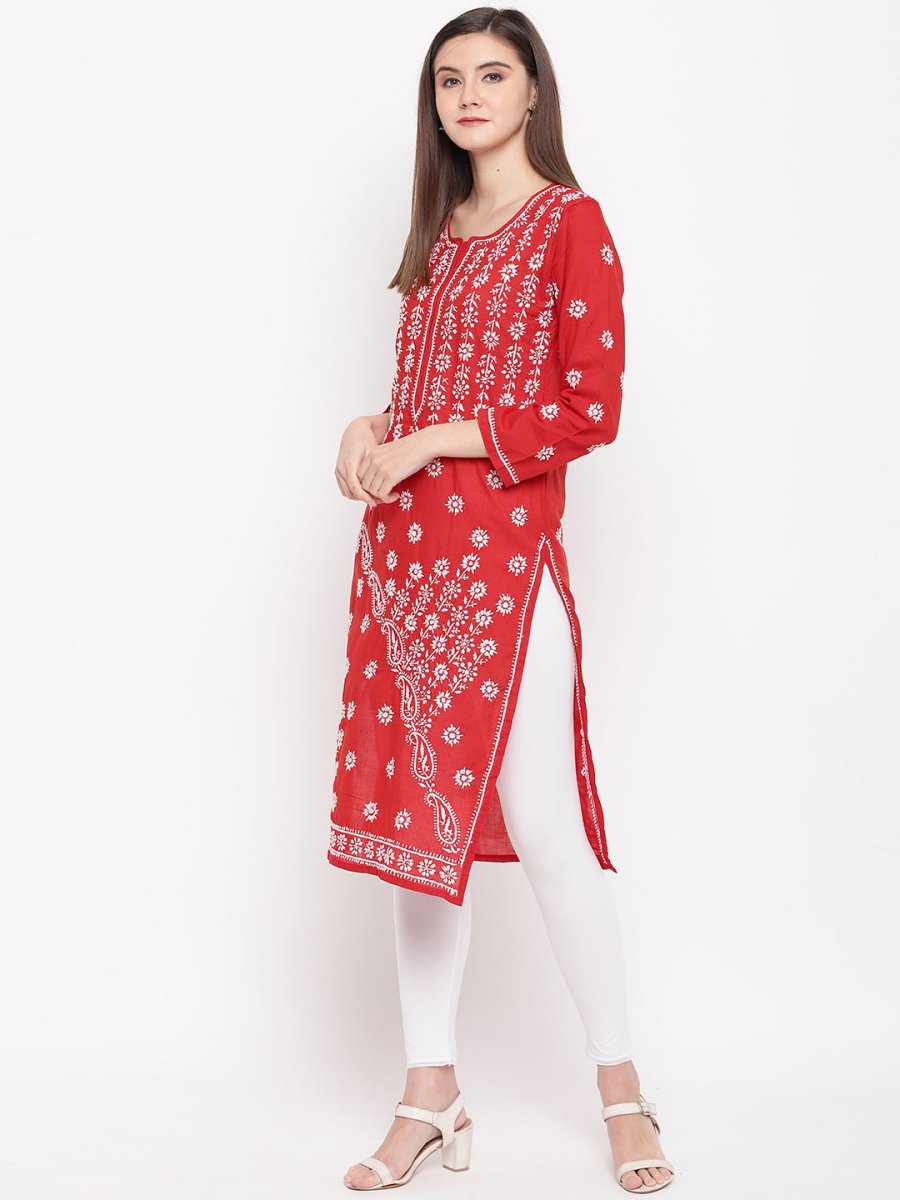 ADA Women Red & White Chikankari Hand Embroidered Straight Sustainable Kurta - Distacart