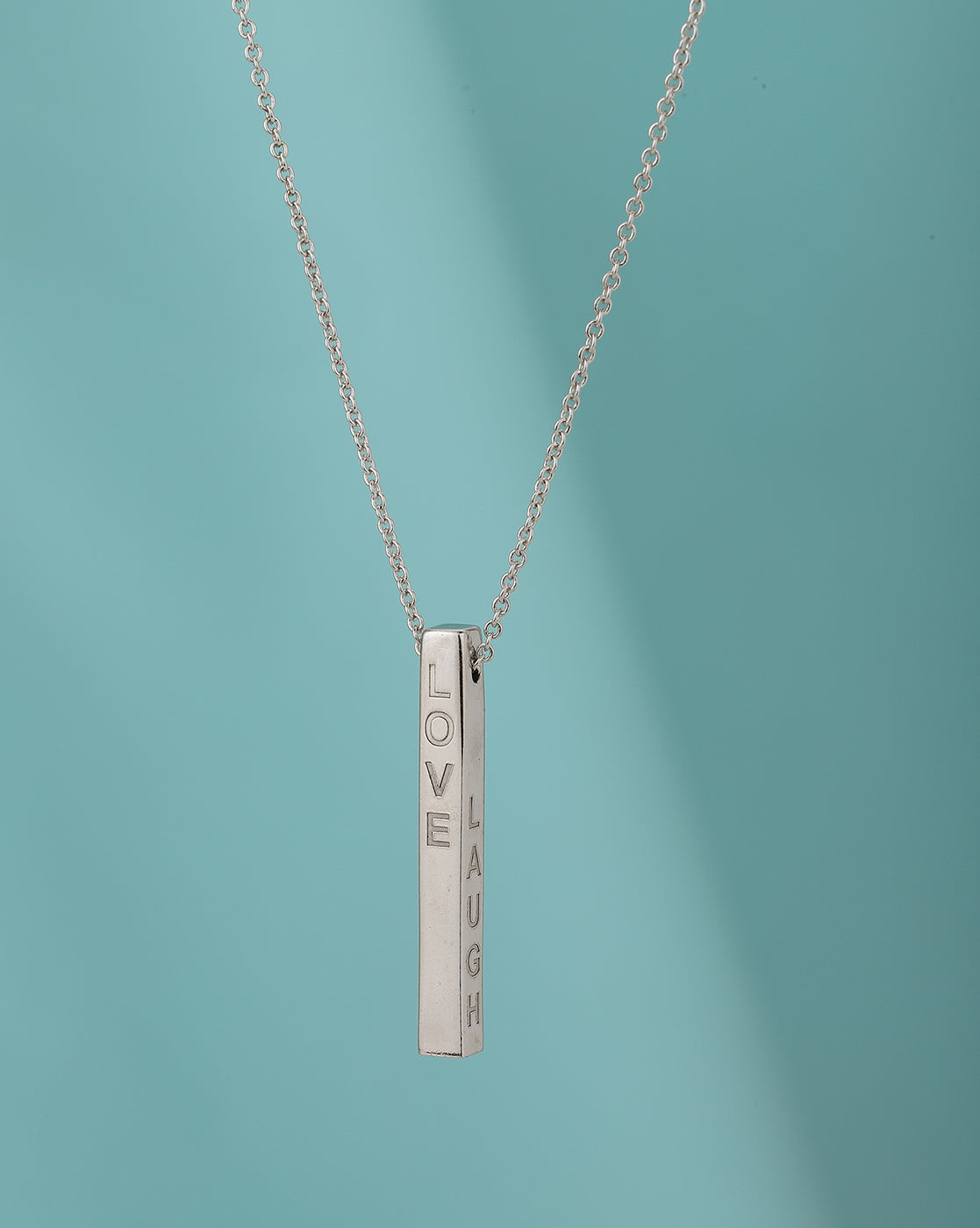 Dangling Bar With Engrave Text Pendant With Chain And Rhodium Plated - Wahe Jewels