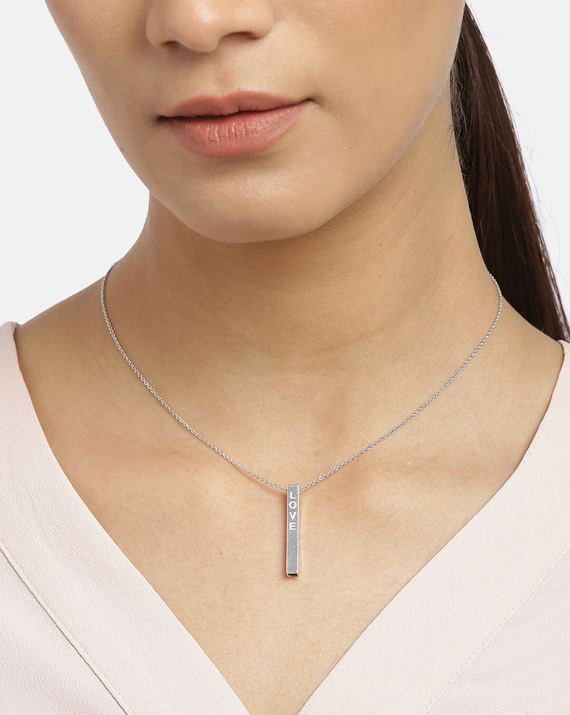 Dangling Bar With Engrave Text Pendant With Chain And Rhodium Plated - Wahe Jewels