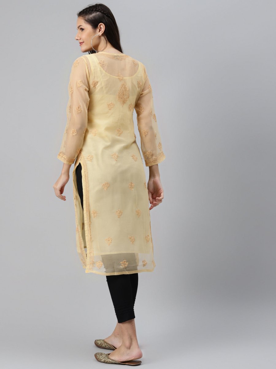 ADA Women Beige & Black Ethnic Motifs Embroidered Chikankari Handloom Kurta with Trousers & Inner - Distacart