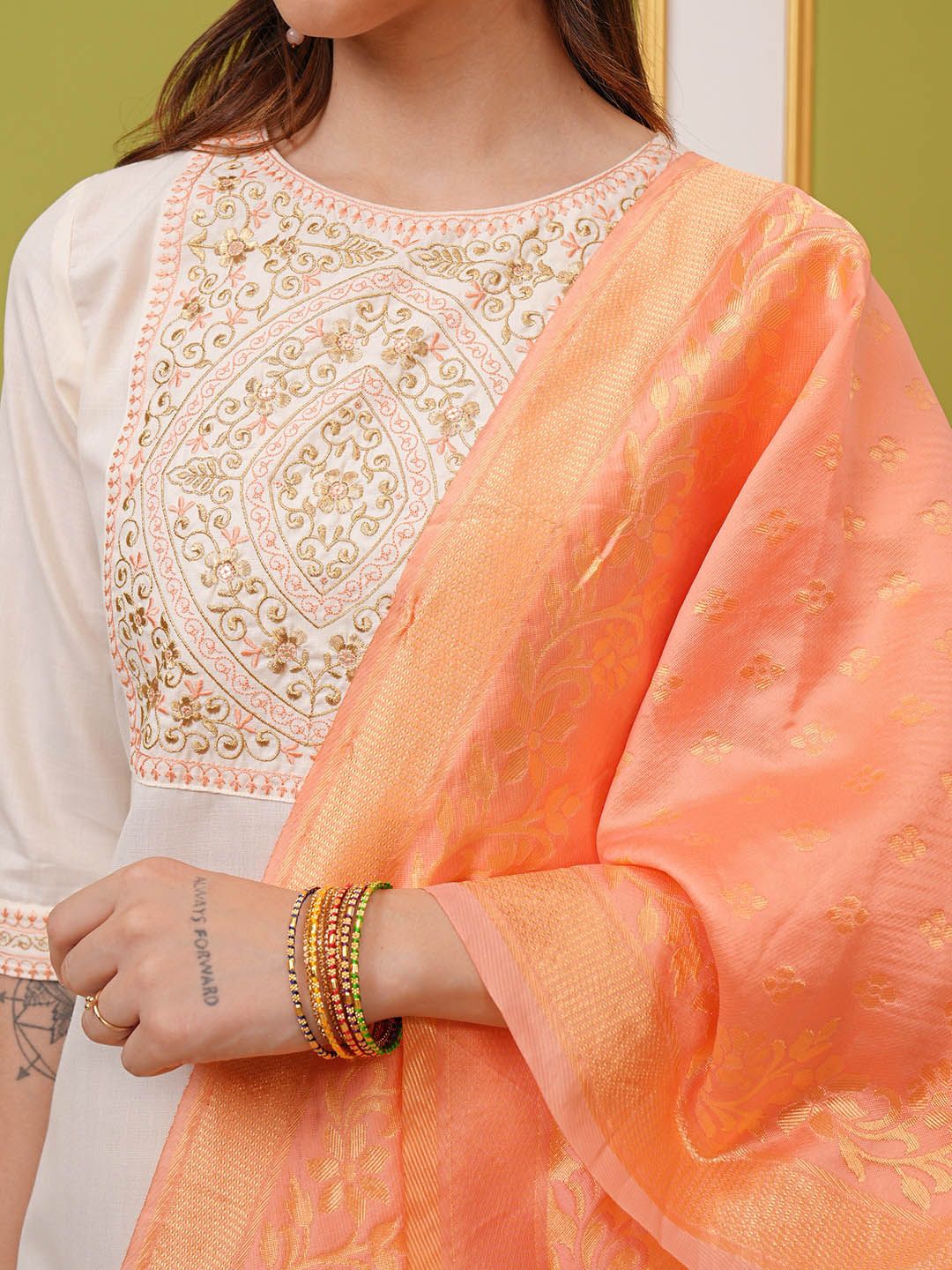 Vishudh Cream Ethnic Motifs Embroidered Regular Kurta With Palazzos & Dupatta