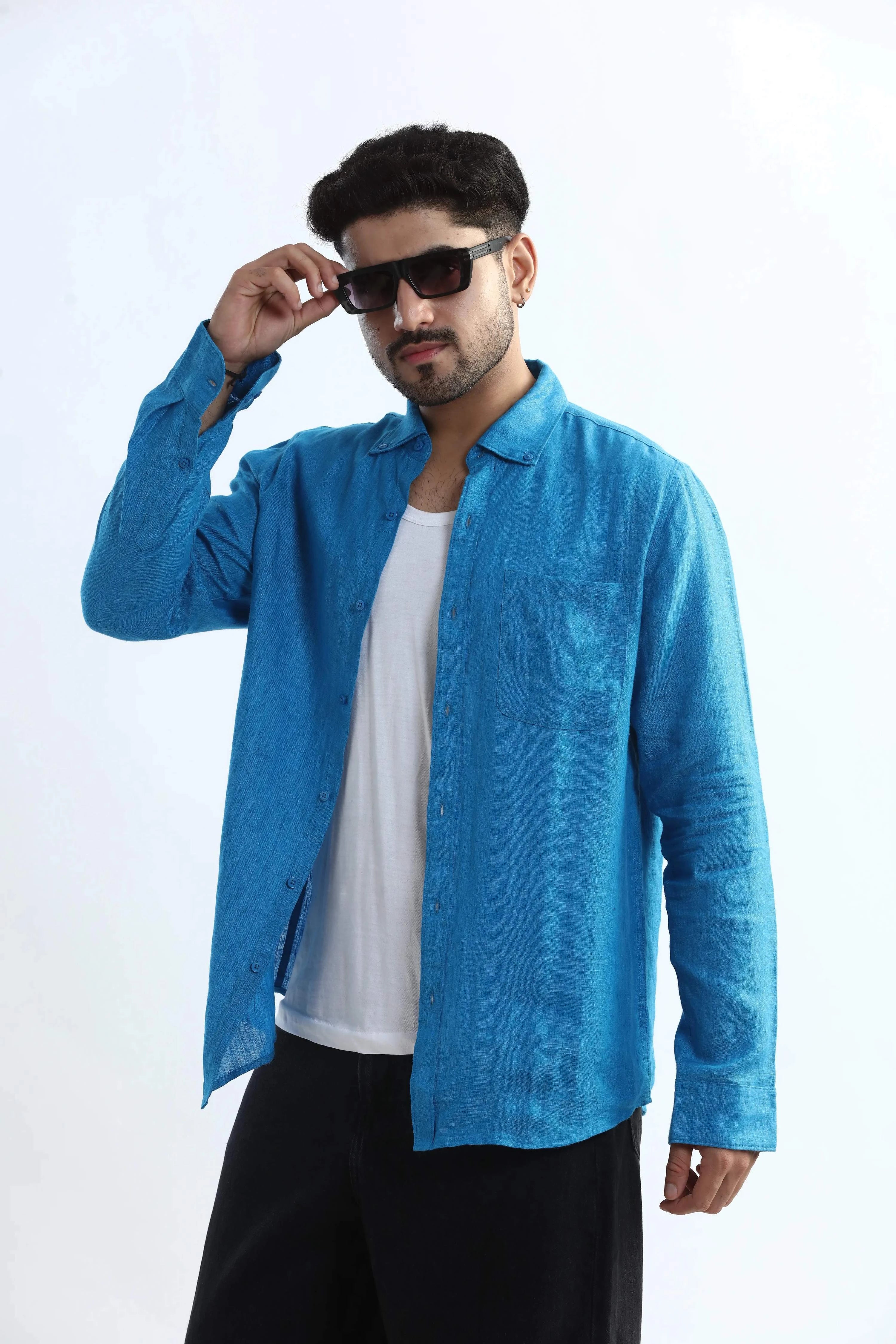 Xkind Blue 100% Pure Linen Button Down Casual Shirt