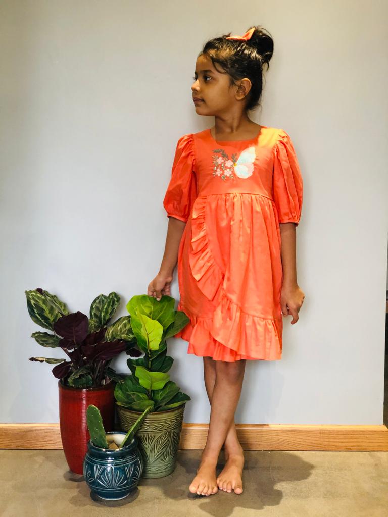 ArthLife Orange Butterfly Embroidered Dress - Distacart