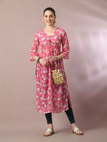 Thumbnail for Myshka Women's Pink Printed Georgette A-Line Nyra-cut Kurta - Distacart