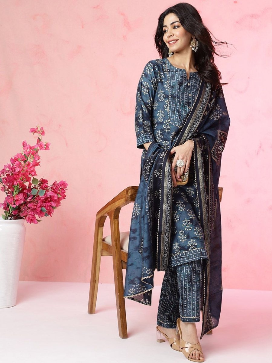 Anouk Ethnic Motifs Printed Chanderi Silk Kurta with Trousers & With Dupatta - Distacart