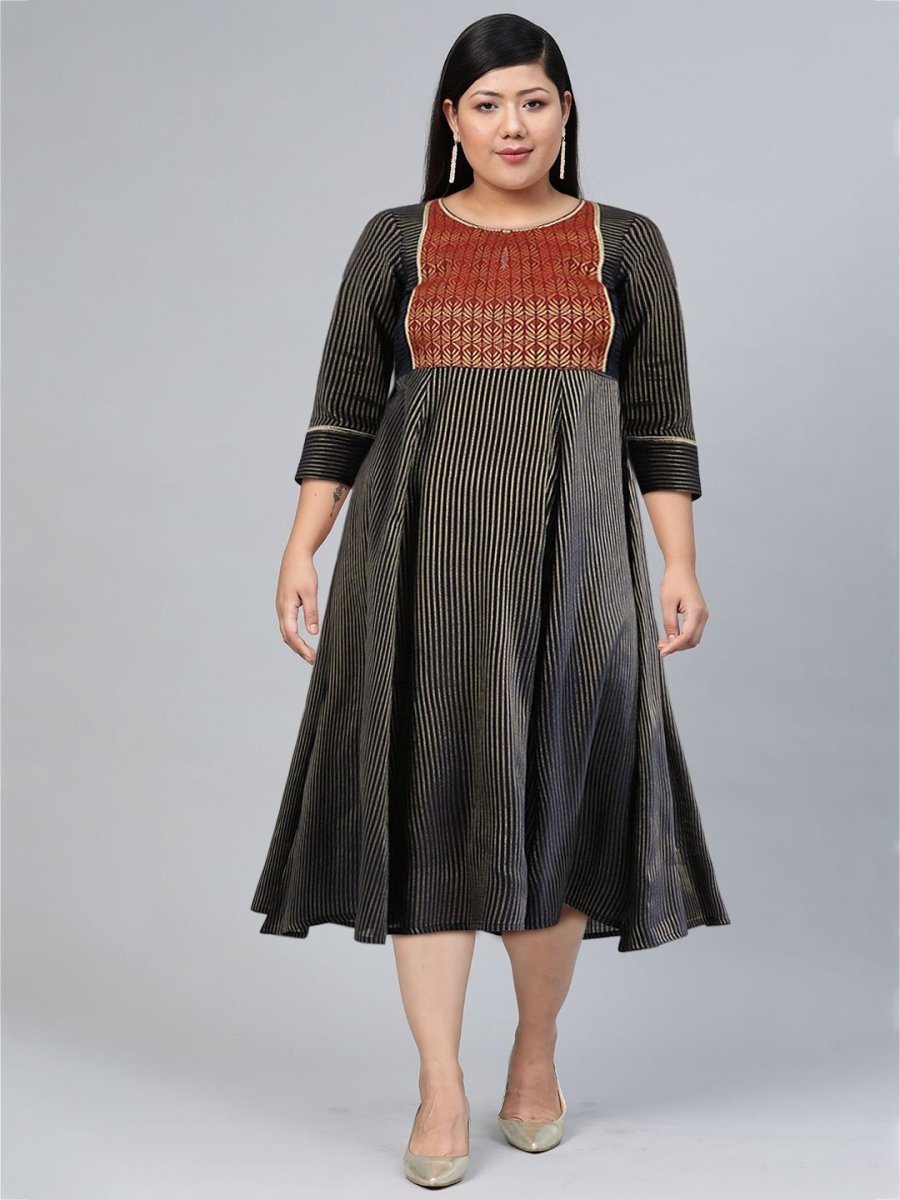 AURELIA Women Navy Blue Striped A-Line Ethnic Dress - Distacart