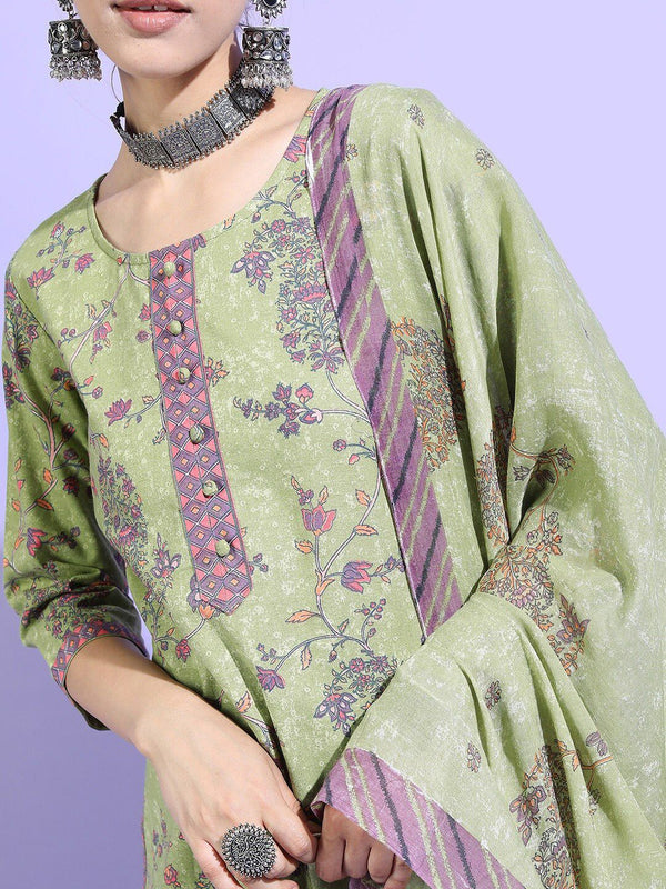 Vishudh Women Green Floral Pure Cotton Kurta with Trouser & Dupatta - Distacart