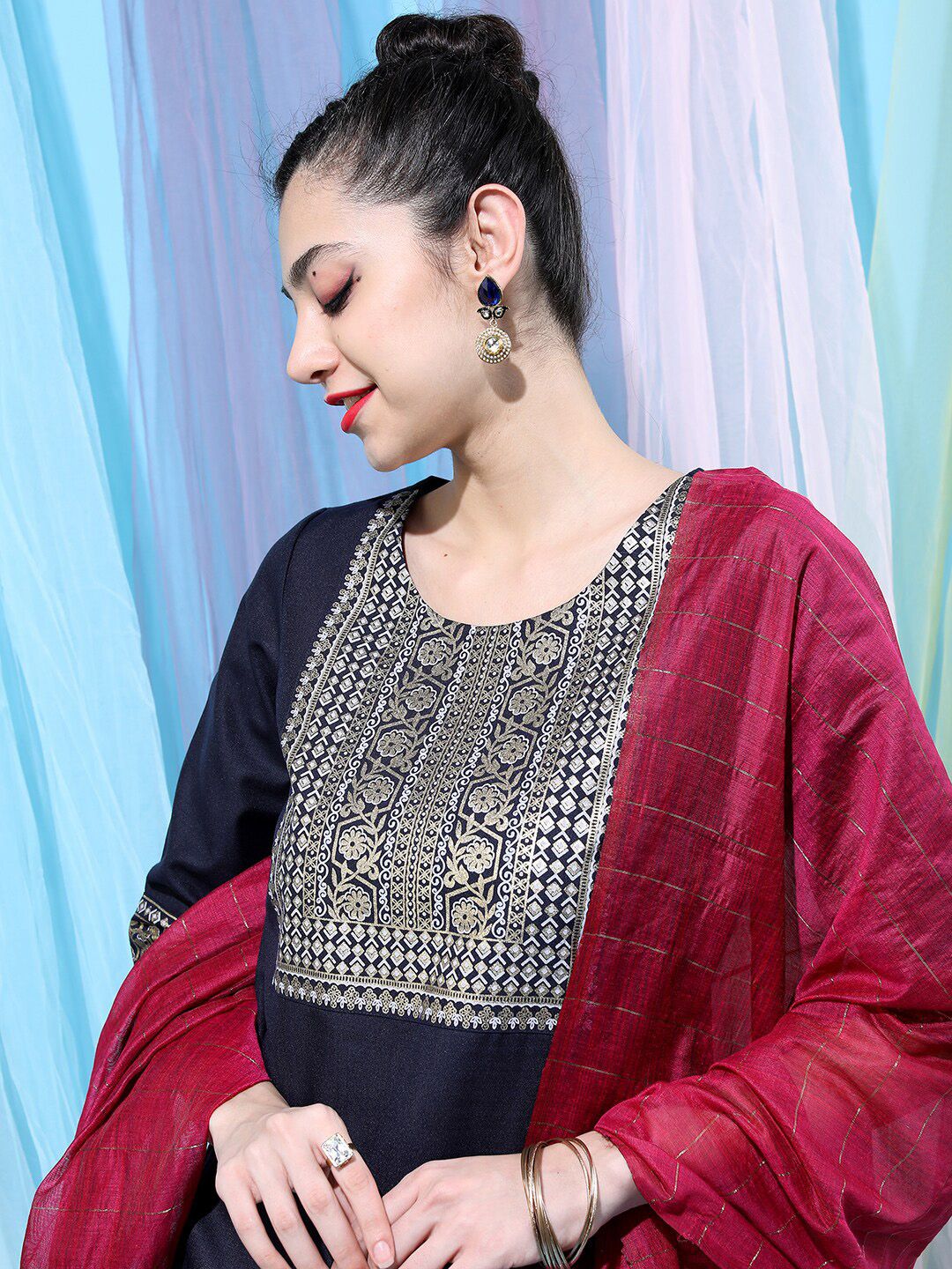 Vishudh Navy Blue Ethnic Motifs Yoke Design Straight Kurta With Palazzos & Dupatta