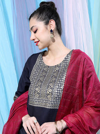 Thumbnail for Vishudh Navy Blue Ethnic Motifs Yoke Design Straight Kurta With Palazzos & Dupatta