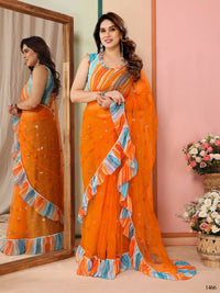 Thumbnail for Partywear Designer Orange Net Fancy Saree - Dyuti