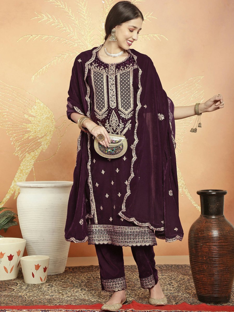 Aastha Fashion Women's Wine Velvet Cording with Resham Thread & Sequin Kurta with Trouser & Dupatta - Distacart
