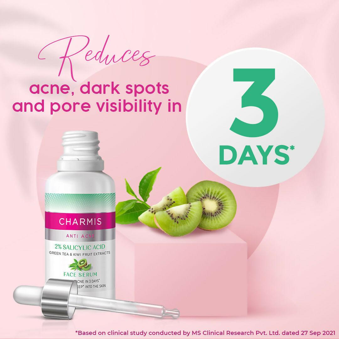 Charmis Anti Acne 2% Salicylic Acid Face Serum with Green Tea & Kiwi Extracts for Clear & Glowing Skin