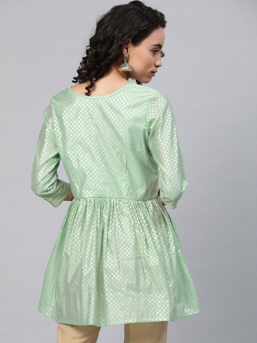 Ahalyaa Women Sea Green Chanderi Silk Golden Printed Tunic