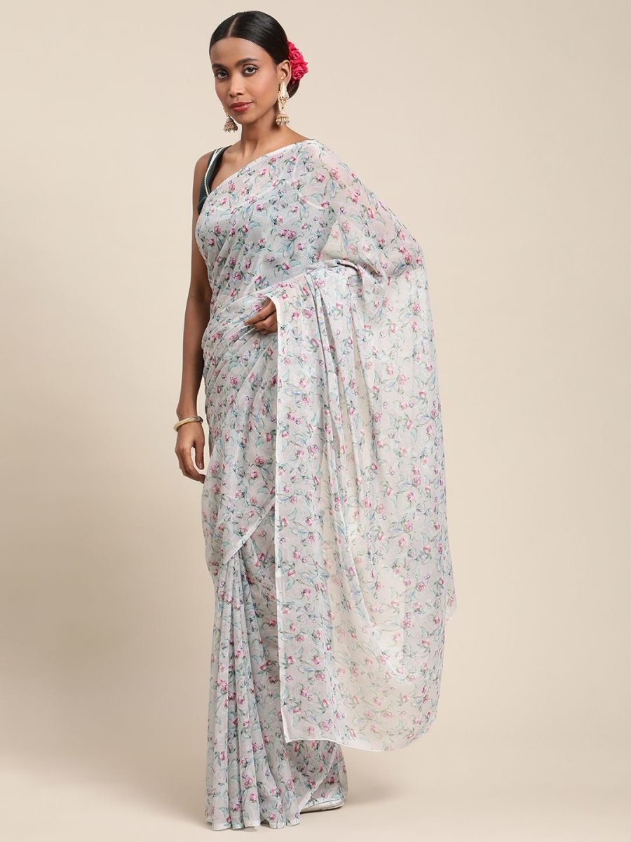 Ahalyaa Women's Grey Chiffon Digital Print Floral Saree - Distacart