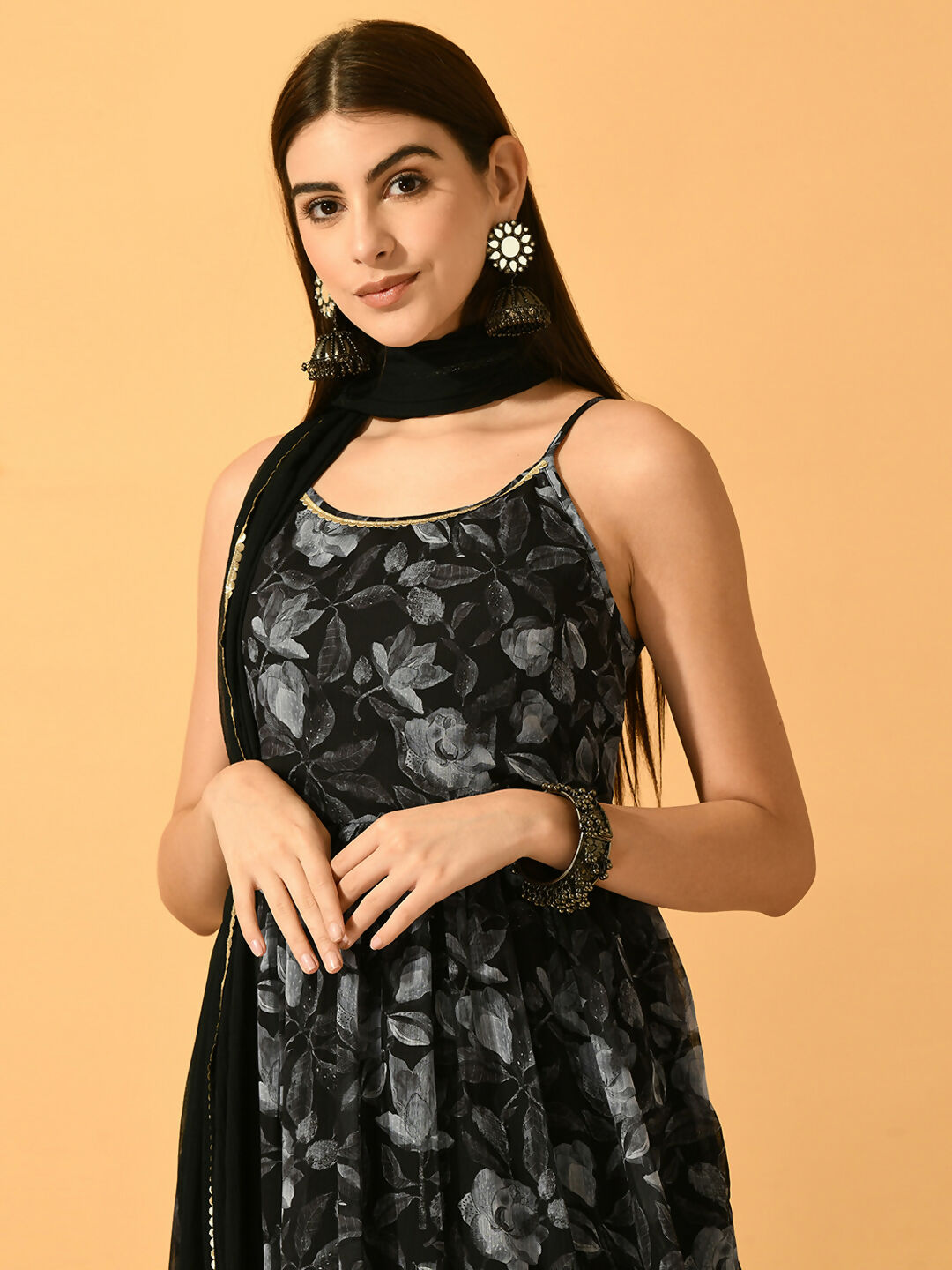 Myshka Women's Black Festive Flared Anarkali Kurta With Dupatta sets - Distacart