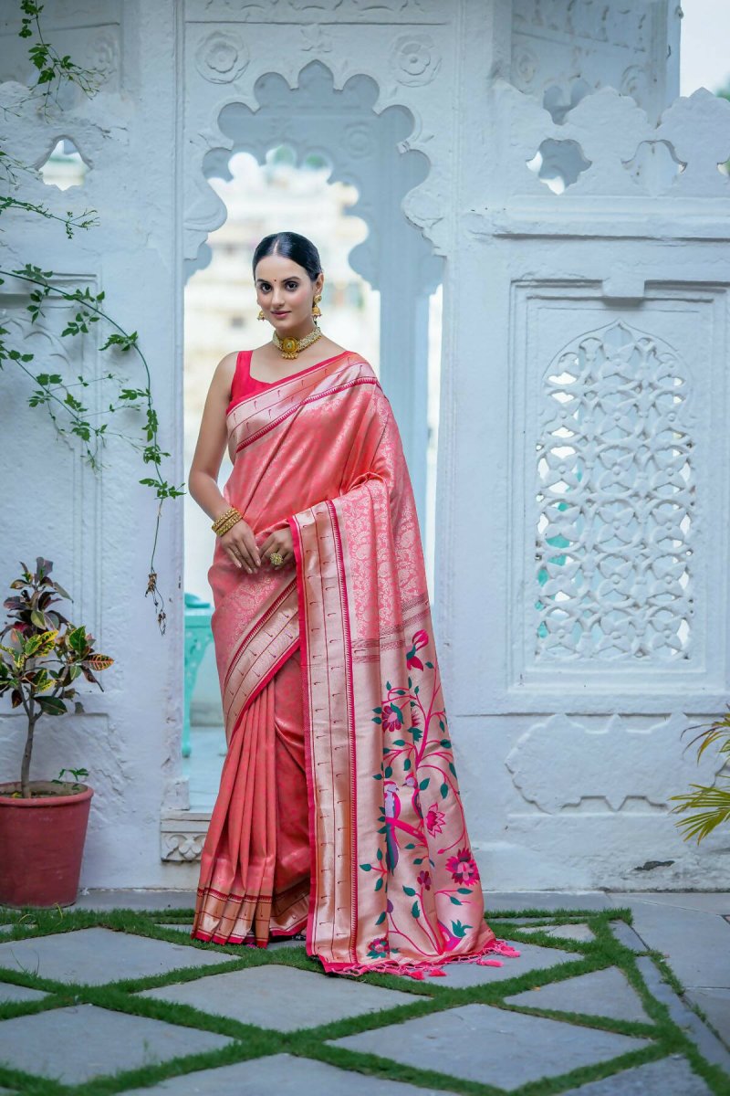 Aastha Fashion Peach Woven Kanjivaram Silk Saree with Blouse - Distacart