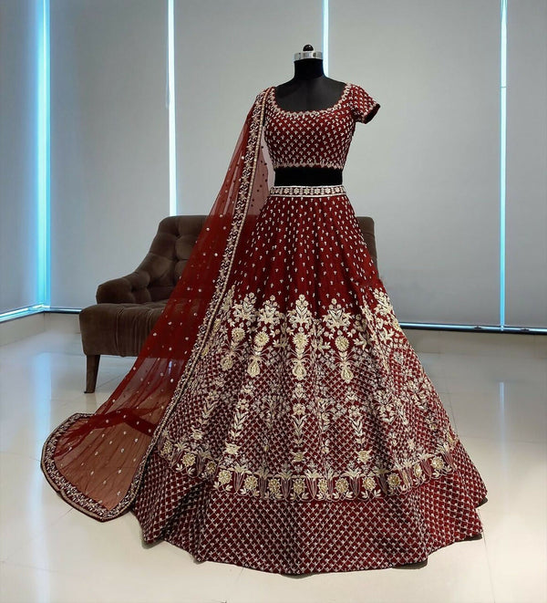 Jyoti Fashion Gorgeous Maroon Taffeta Satin Silk Sequins with Zari Thread & Coding Dori Embroidery Lehenga Choli with Dupatta - Distacart