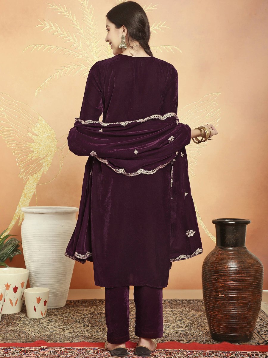 Aastha Fashion Women's Wine Velvet Cording with Resham Thread & Sequin Kurta with Trouser & Dupatta - Distacart