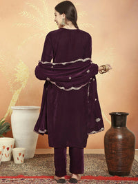 Thumbnail for Aastha Fashion Women's Wine Velvet Cording with Resham Thread & Sequin Kurta with Trouser & Dupatta - Distacart