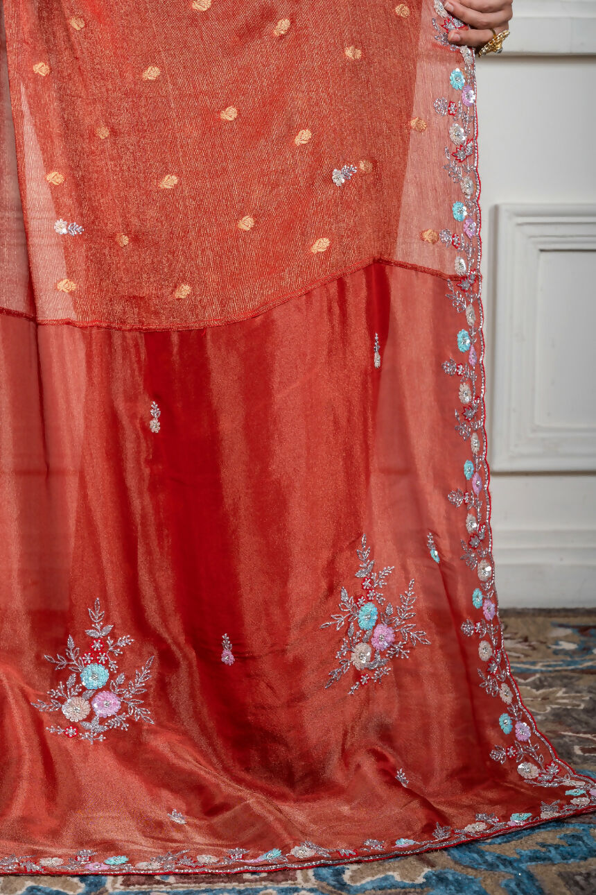 Morchari Rust Red Pure Chiffon Hand Embroidery Saree And Stitched Blouse
