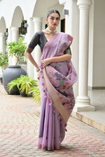 Thumbnail for Vishnu Weaves Women's Lavender Muga Cotton Thread Weaving Saree with Blouse