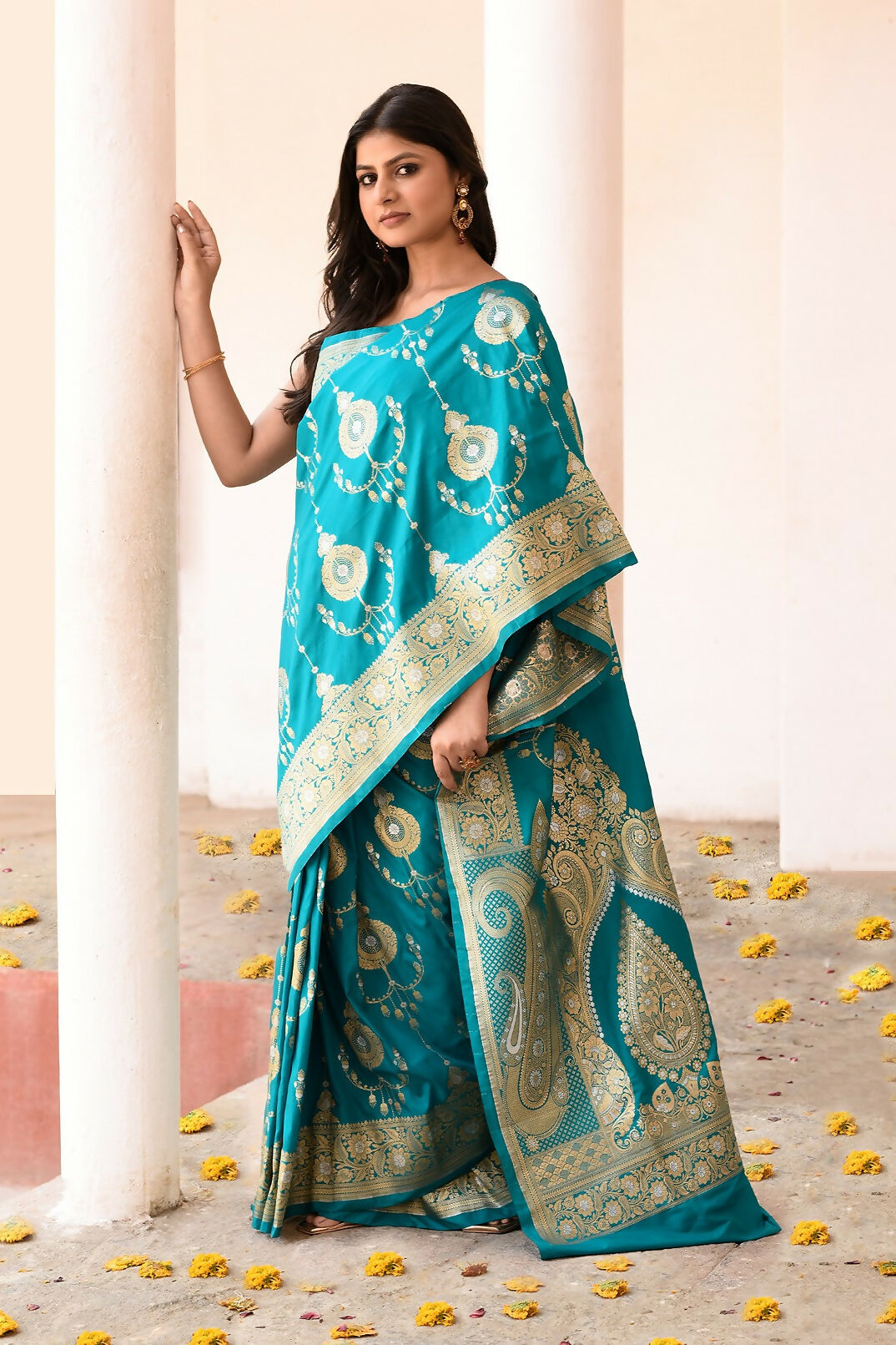 Joban Fashion Teal Green Banarasi Soft Pure Handloom Banarasi Silk Saree