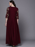 Thumbnail for Ahalyaa Women Burgundy Floral Fit & Flare Maxi Ethnic Dress - Distacart